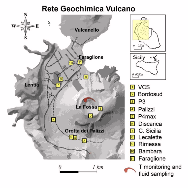 Location of the stations for measuring CO₂ flux from soils, the chemical-physical parameters in thermal aquifers, and emission temperatures, as indicated in the legend. The area highlighted in red includes the main high-temperature fumaroles (F0, F11, F5, F5AT, and FA) and the thermal monitoring sites (F5; F5AT1; F5AT2; Inner slope). Credit: INGV