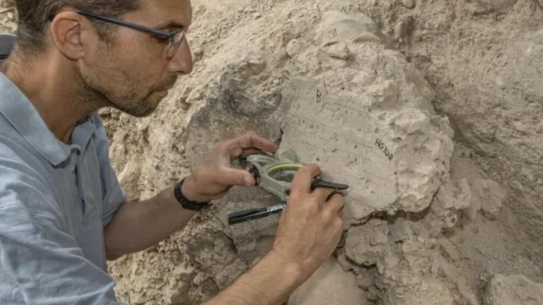 Yoav Vaknin, an archaeologist at Tel-Aviv University and The Hebrew University of Jerusalem, collects samples from a burnt Iron Age structure in Jerusalem