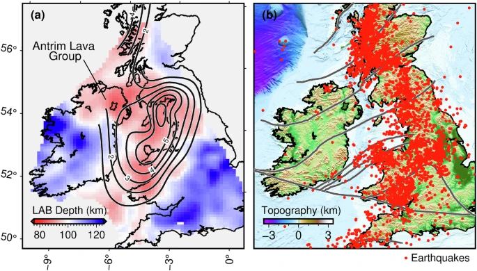 a LAB depth map yielded by seismic thermography. Magmatic underplating and the Antrim Lava Group are located in an area of thin lithosphere. b Seismicity and tectonic boundaries and major faults (grey lines).