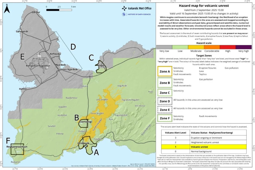 hazard map for volcanic unrest svartsengi iceland valid to september 16 2025 unless activity changes