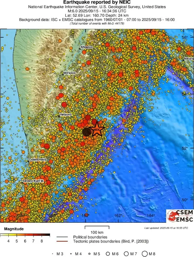 m6.0 earthquake kamchatka russia september 15 2025 emsc regional seismicity