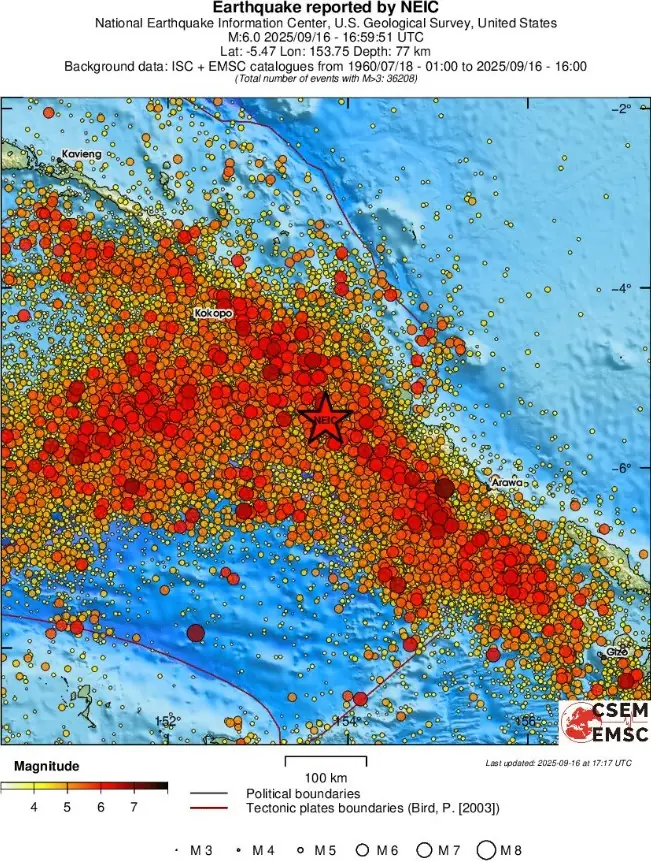 m6.0 earthquake new ireland papua new guinea september 16 2025 emsc regional seismicity