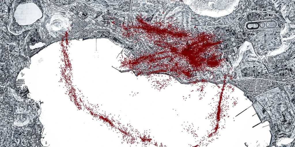 A distinct structure of seismicity can be seen based on earthquakes that occurred in the whole Campi Flegrei caldera about 7 miles west of central Naples from 2022 to 2025