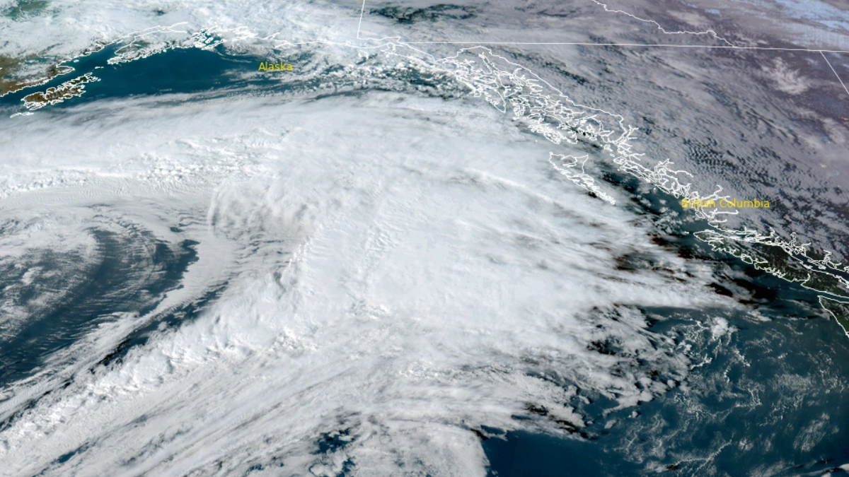 An Atmospheric river moving over the U.S. Pacific Northwest as of 00:30 UTC on October 18, 2025. Credit: GOES-19, RAMMB/CIRA, The Watchers