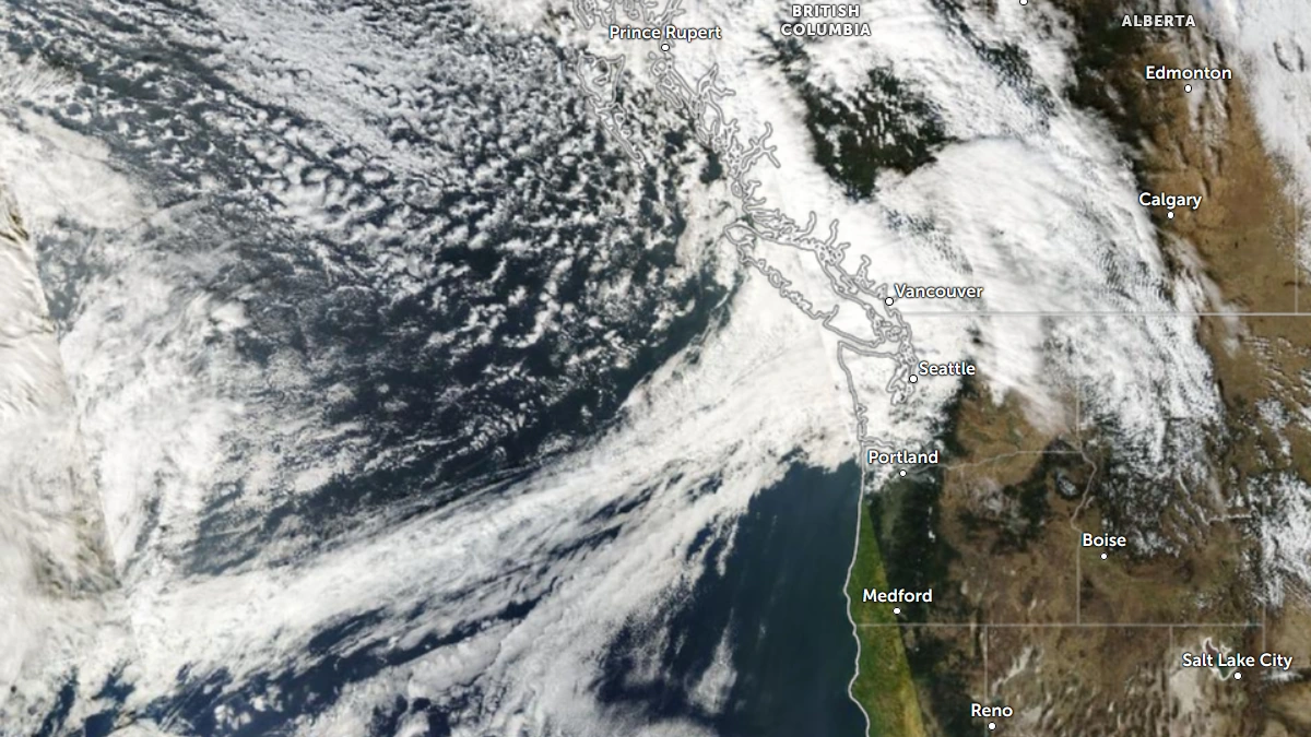 Daytime Satellite image of the Pacific Northwest on October 20, 2025. Credit: NOAA/GOES-19, Zoom Earth, The Watchers