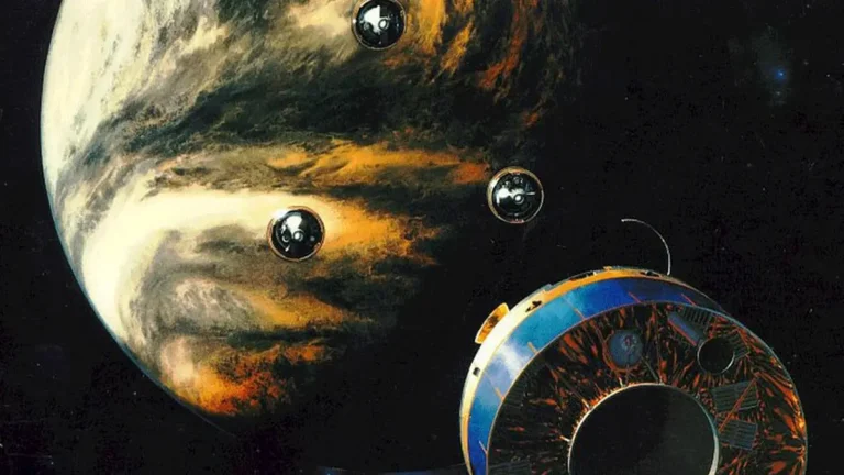 Depiction of the Pioneer probes descending to Venus' atmosphere