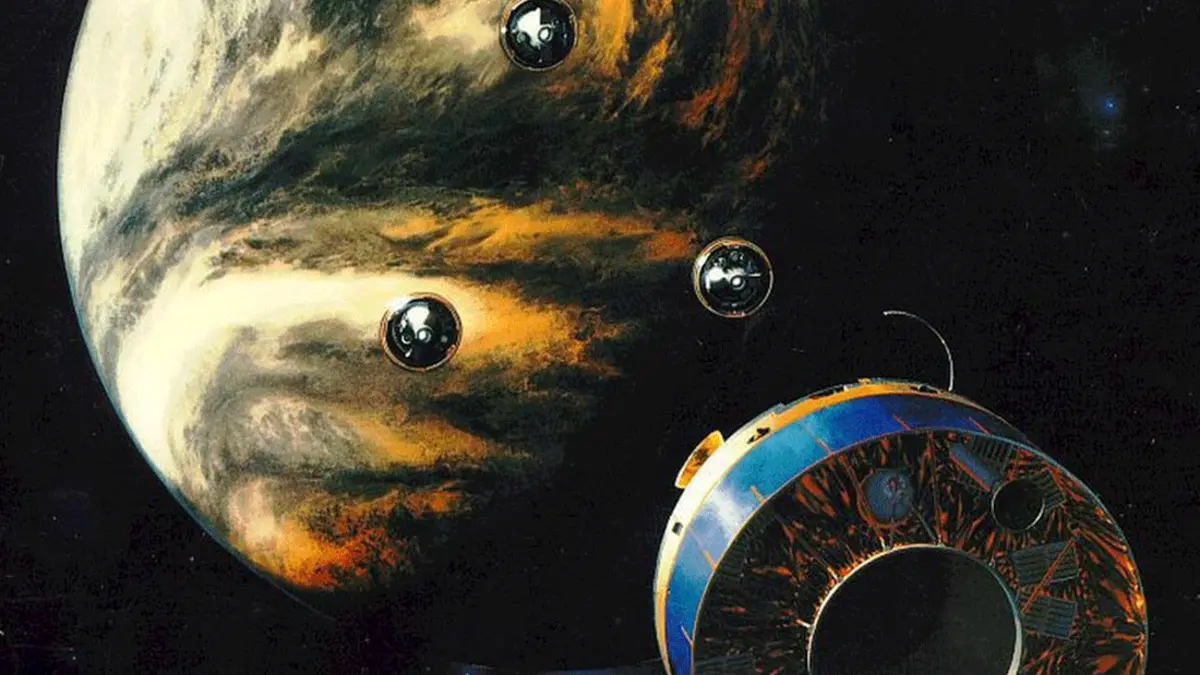 Depiction of the Pioneer probes descending to Venus' atmosphere