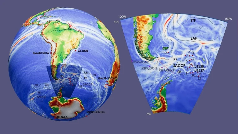 The maps show today’s (Holocene) global ocean surface currents - warmer red colors represent higher current velocities. The black lines are the five main fronts of the Antarctic Circumpolar Current (ACC), from north to south. The red line marks Jason Route 104 near the Drake Passage (DP)45. The shaded area in the map left is the area concerned in the study (image right).