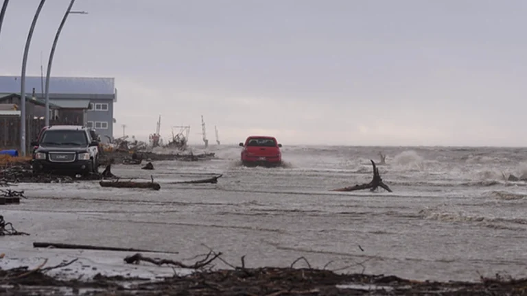 Flooding in Western Alaska on Oct. 9, 2025 after the first round of coastal flooding. Credit: Alaska DOT and PF