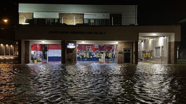 Floodwaters breach the Beach Haven Volunteer Fire Department on October 13, 2025, as the nor'easter storm batters the east coast of the USA. Credit: Beach Haven Volunteer Fire Department