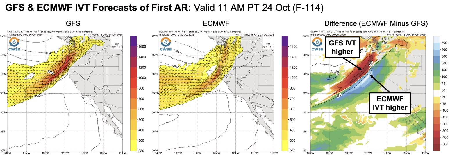 GFS and ECMWF IVT forecast of first AR by CW3E from AR Outlook Valid 11 AM PT 24 October