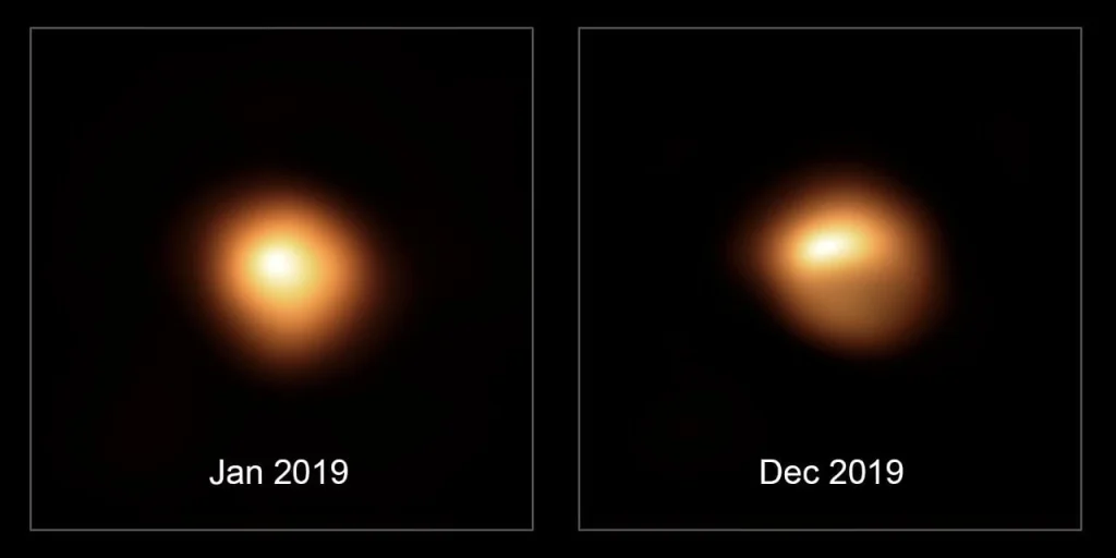Images of Betelgeuse taken in January 2019 and December 2019, showing the changes in brightness and shape