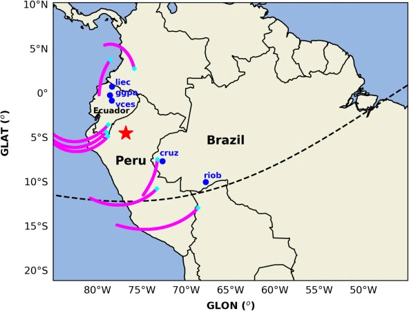 Locations of GNSS receivers are marked by blue dots
