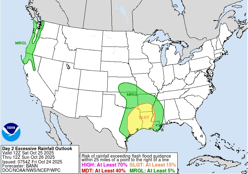 NOAA WPC Excessive rainfall outlook (ERO) for October 25, 2025NOAA WPC Excessive rainfall outlook (ERO) for October 25, 2025