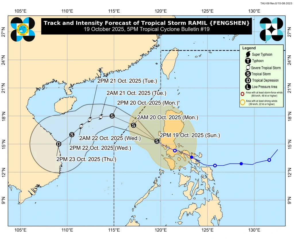 Forecast track for Tropical storm Fengshen (Ramil) as of October 19, 2025.