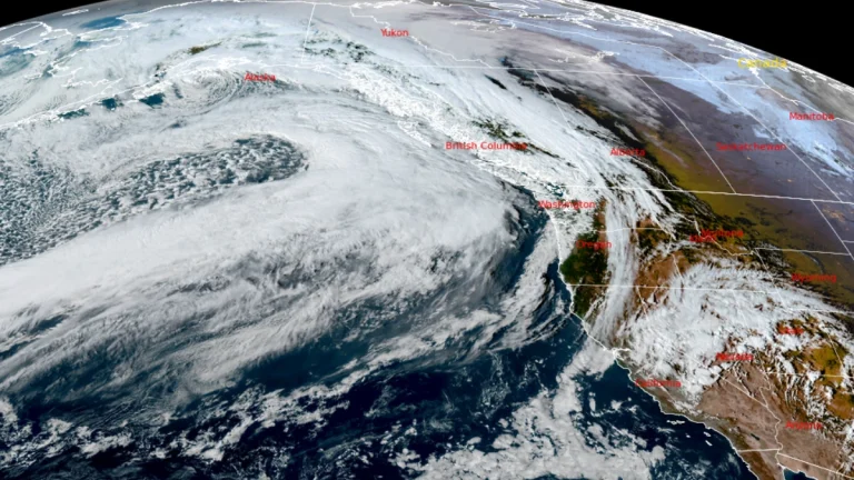 Satellite image of Atmospheric river developing over the Pacific as of 2330 UTC on October 22, 2025. Credit: NOAA/GOES-19, RAMMB/CIRA, The Watchers