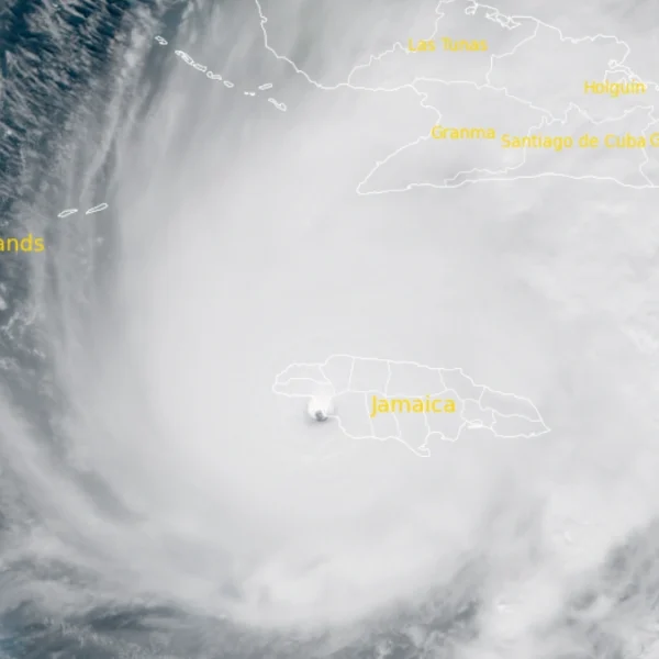 Satellite image of Category 5 Hurricane Melissa as of making landfall over Jamaica 17:00 UTC on October 28, 2025