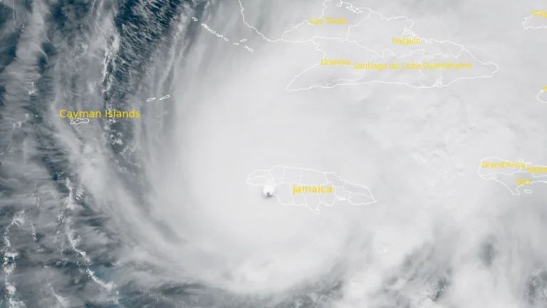 Satellite image of Category 5 Hurricane Melissa as of making landfall over Jamaica 17:00 UTC on October 28, 2025