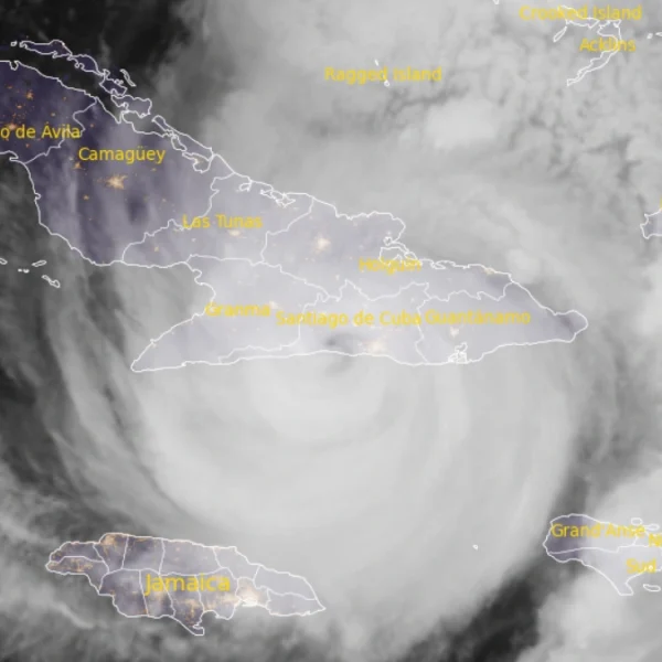 Satellite image of Hurricane Melissa making landfall over Santiago de Cuba, Cuba at 0710 UTC on October 29, 2025.