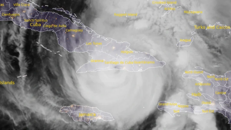 Satellite image of Hurricane Melissa making landfall over Santiago de Cuba, Cuba at 0710 UTC on October 29, 2025.