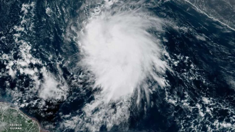 Satellite image of Tropical Storm Jerry as of 2040 UTC on October 7, 2025. Credit: NOAA/GOES-19, Zoom Earth, The Watchers
