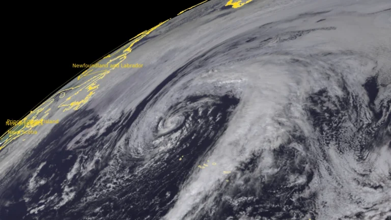 Satellite image of Tropical Storm Karen as of 13:45 UTC on October 10, 2025. Credit EUMESAT/Meteosat-10, RAMMB/CIRA, The Watchers