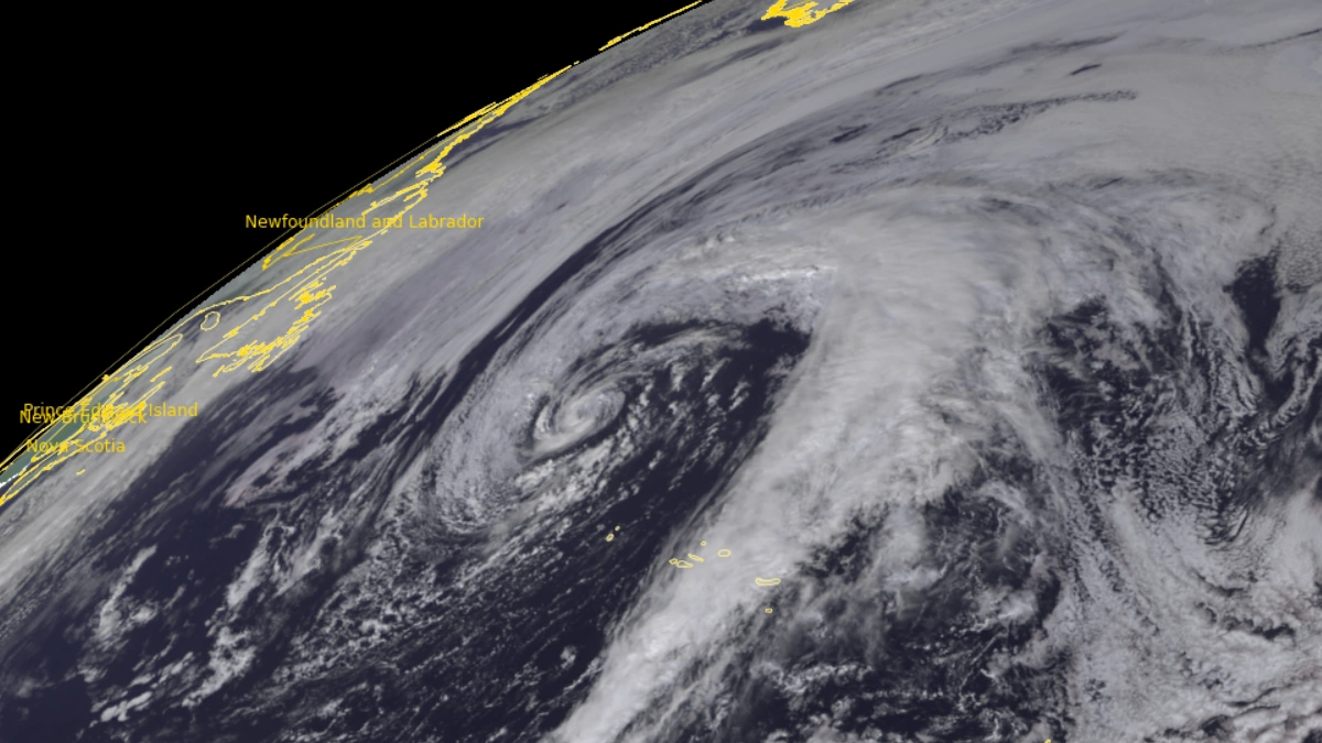 Satellite image of Tropical Storm Karen as of 13:45 UTC on October 10, 2025. Credit EUMESAT/Meteosat-10, RAMMB/CIRA, The Watchers