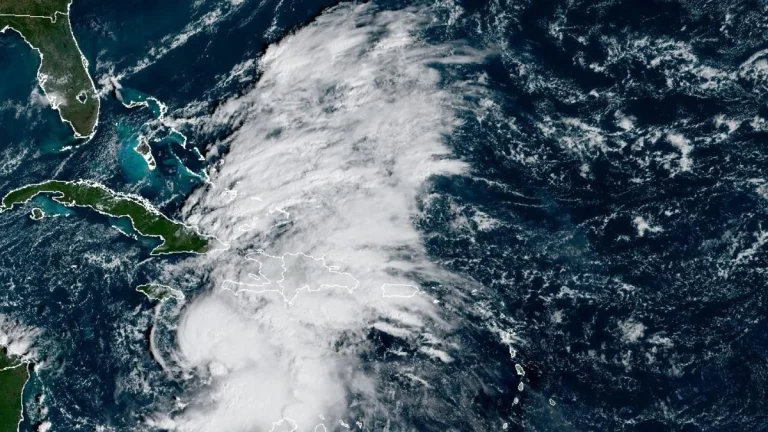 Satellite image of Tropical Storm Melissa as of 13:20 UTC on October 23, 2025. Credit: NOAA/GOES-19, The Watchers