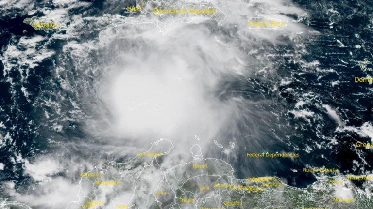 Satellite image of Tropical Storm Melissa as of 16:40 UTC on October 22, 2025. Credit: NOAA/GOES-19, RAMMB/CIRA, The Watchers