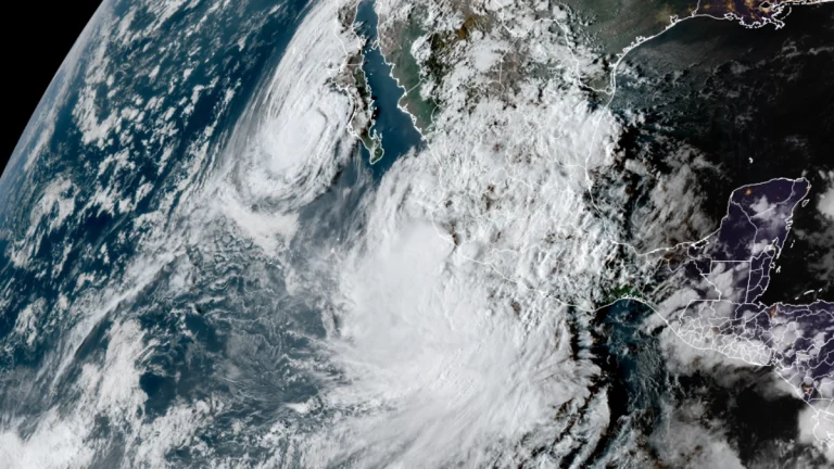 Satellite image of Tropical Storms Priscilla and Raymond as of 23:20 UTC on October 9, 2025. Credit: NOAA/GOES-19, RAMMB/CIRA, The Watchers