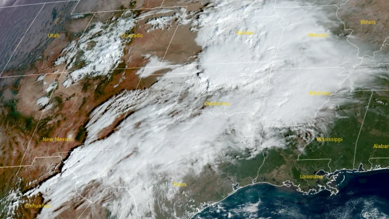 Satellite view of the severe weather system located over the southern Plains on October 24, 2025. Credit: NOAA/GOES-19, RAMMB/CIRA, The Watchers