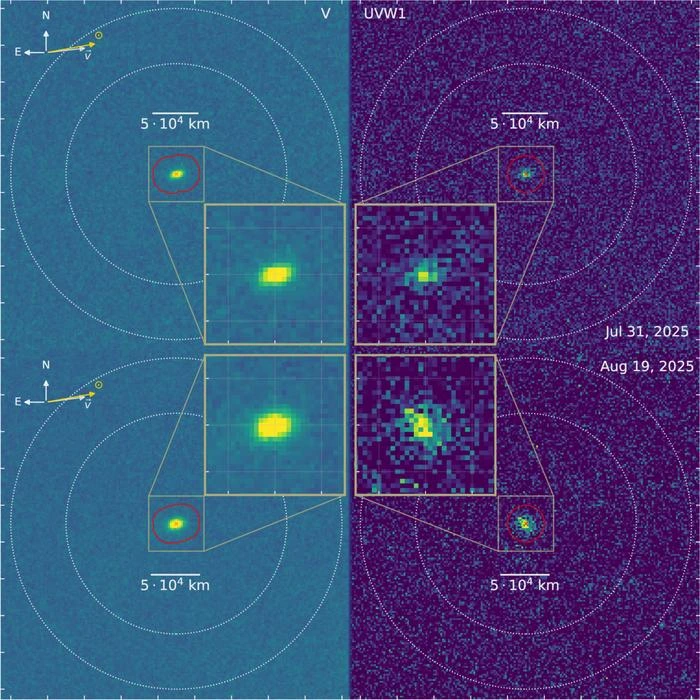 Stacked images of interstellar comet 3I-ATLAS acquired with UVOT, two visits
