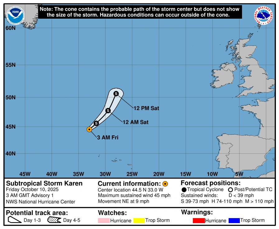Subtropical Storm Karen Forecast track by NHC as of October 10, 2025