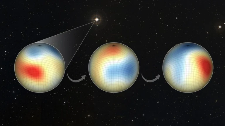 The varying magnetic field of the star Iota Horologii at three different times showing a double polarity reversal (magnetic cycle)