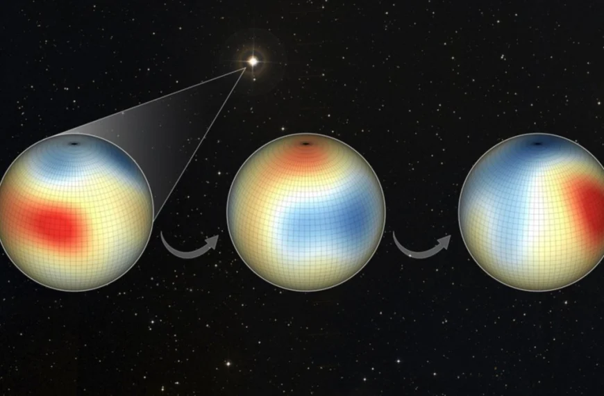 The varying magnetic field of the star Iota Horologii at three different times showing a double polarity reversal (magnetic cycle)