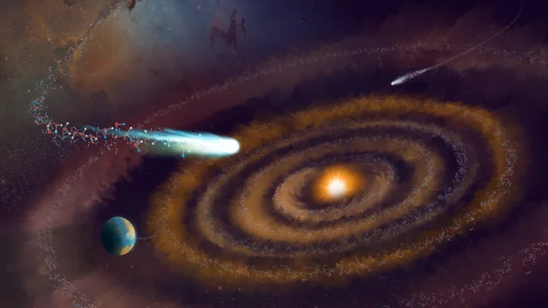 This artist’s impression shows the evolution of heavy water molecules