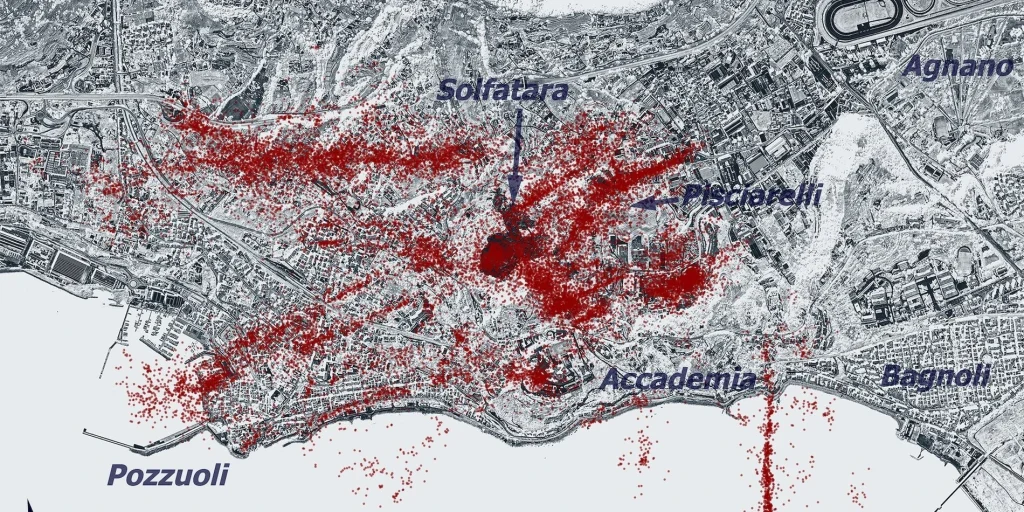 This image shows earthquakes that occurred in the Pozzuoli-Campi Flegrei region about 7 miles west of central Naples from 2022 to 2025 overlaid on Google Earth satellite imagery