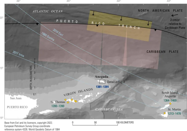 This map shows Anegada relative to the Puerto Rico Trench, where the Caribbean and North American plates meet
