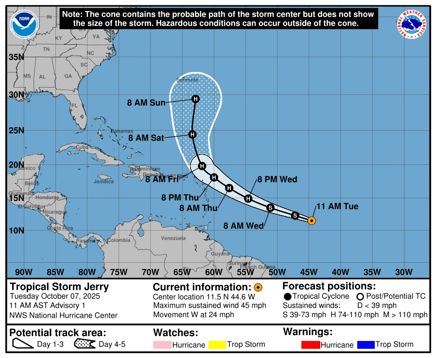 Tropical storm Jerry Forecast track as of October 7, 2025 by the National Hurricane Center (NHC)