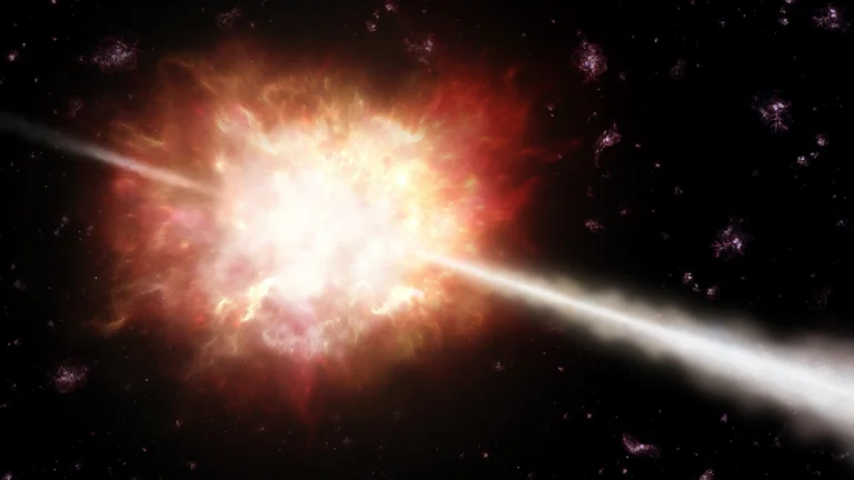Typical gamma ray bursts occur when a large star collapses into a black hole, creating a beam of light