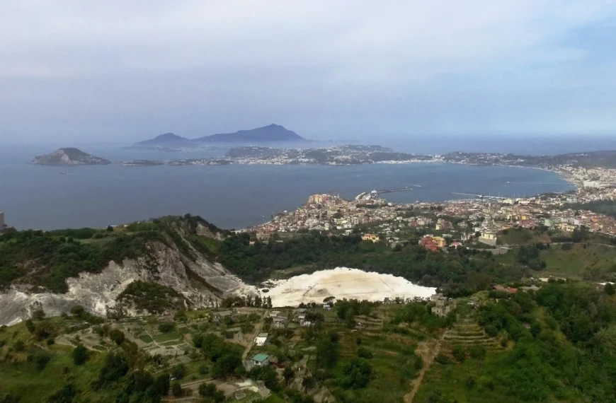 View of the Solfatara crater, part of the densely populated Campi Flegrei volcanic area