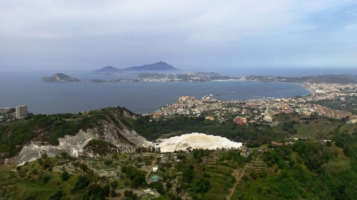 View of the Solfatara crater, part of the densely populated Campi Flegrei volcanic area