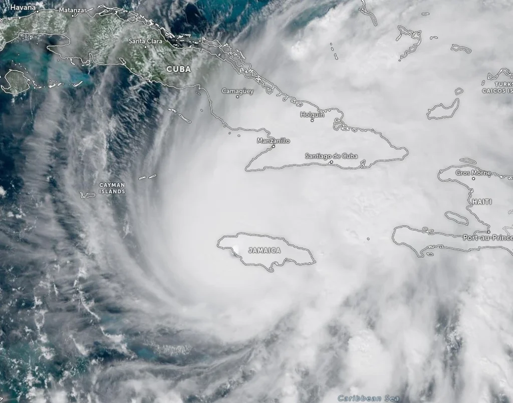 satellite image of hurricane melissa making landfall over jamaica 1720 utc october 28 2025