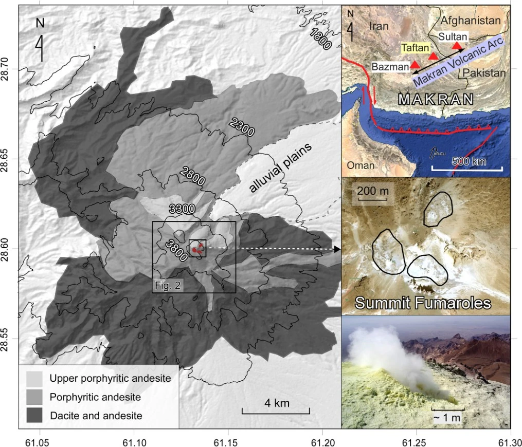 simplified geological map of Taftan volcano indicating the active summit fumarole areas highlighted as irregular red polygons