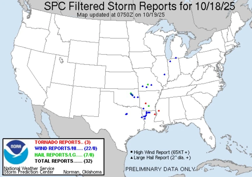 spc filtered storm reports for october 18 2025