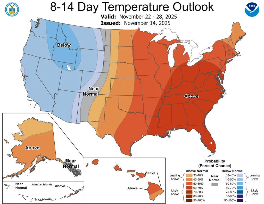 8-14 day temperature outlook for the US by NOAA CPC issued-Novmber 14, 2025, Valid till Novemberr 22, 2025