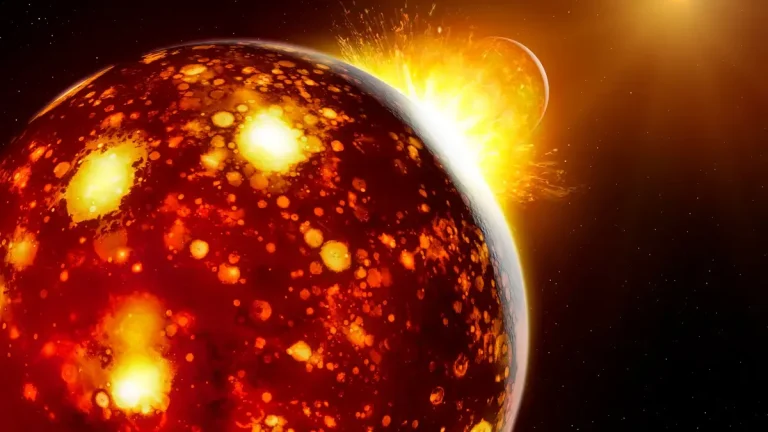 Artist’s impression of the collision between the early Earth and Theia. Since Theia originated in the inner Solar System, in this perspective the Sun can be seen in the background