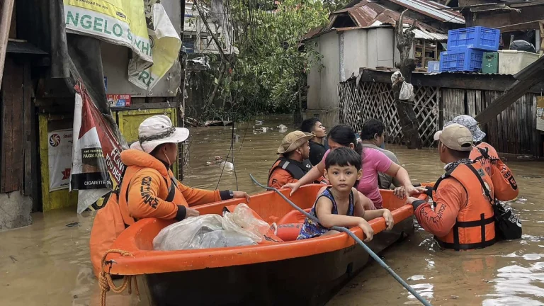 Boats being used to rescue citizens in Philippines following Typhoon Kalmaegi's deadly landfall. Credit CCTV Asia Pacific