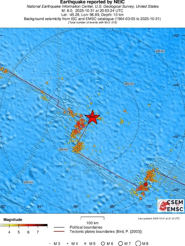 M6.0 earthquake southeast Indian Ridge October 31, 2025 EMSC regional seismicity