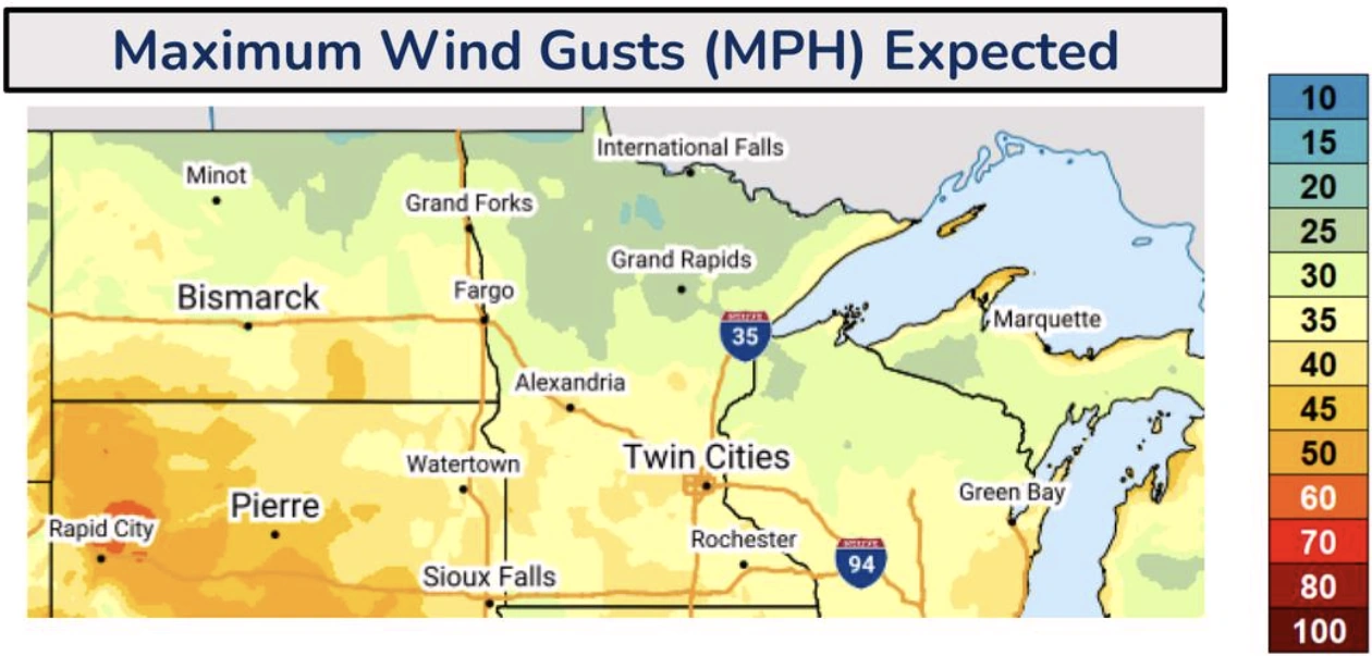 Maximum wind gust forecast for Thanksgiving, November 27, 2025